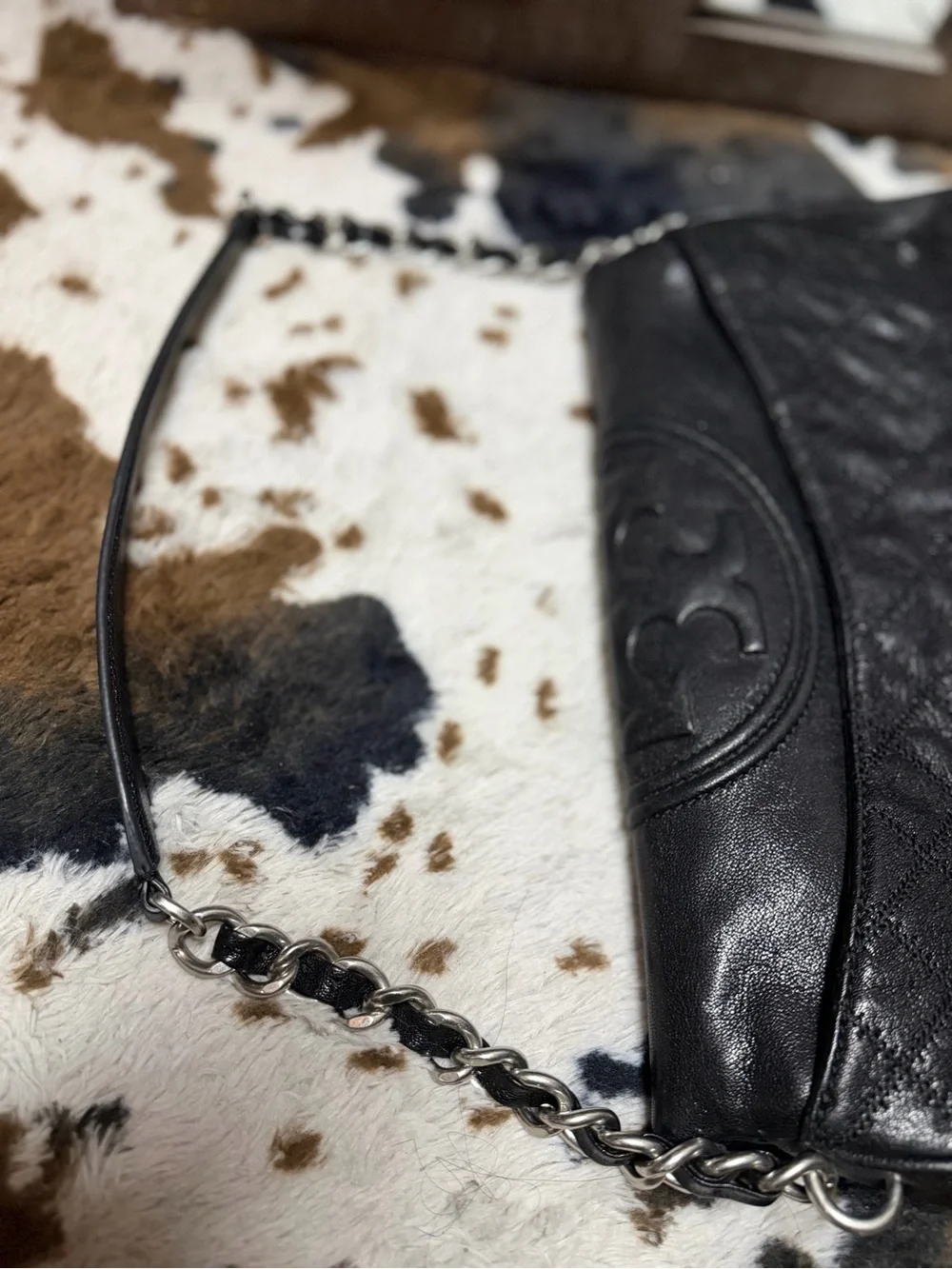 Tory Burch Black Leather Shoulder Clutch with Chain Strap